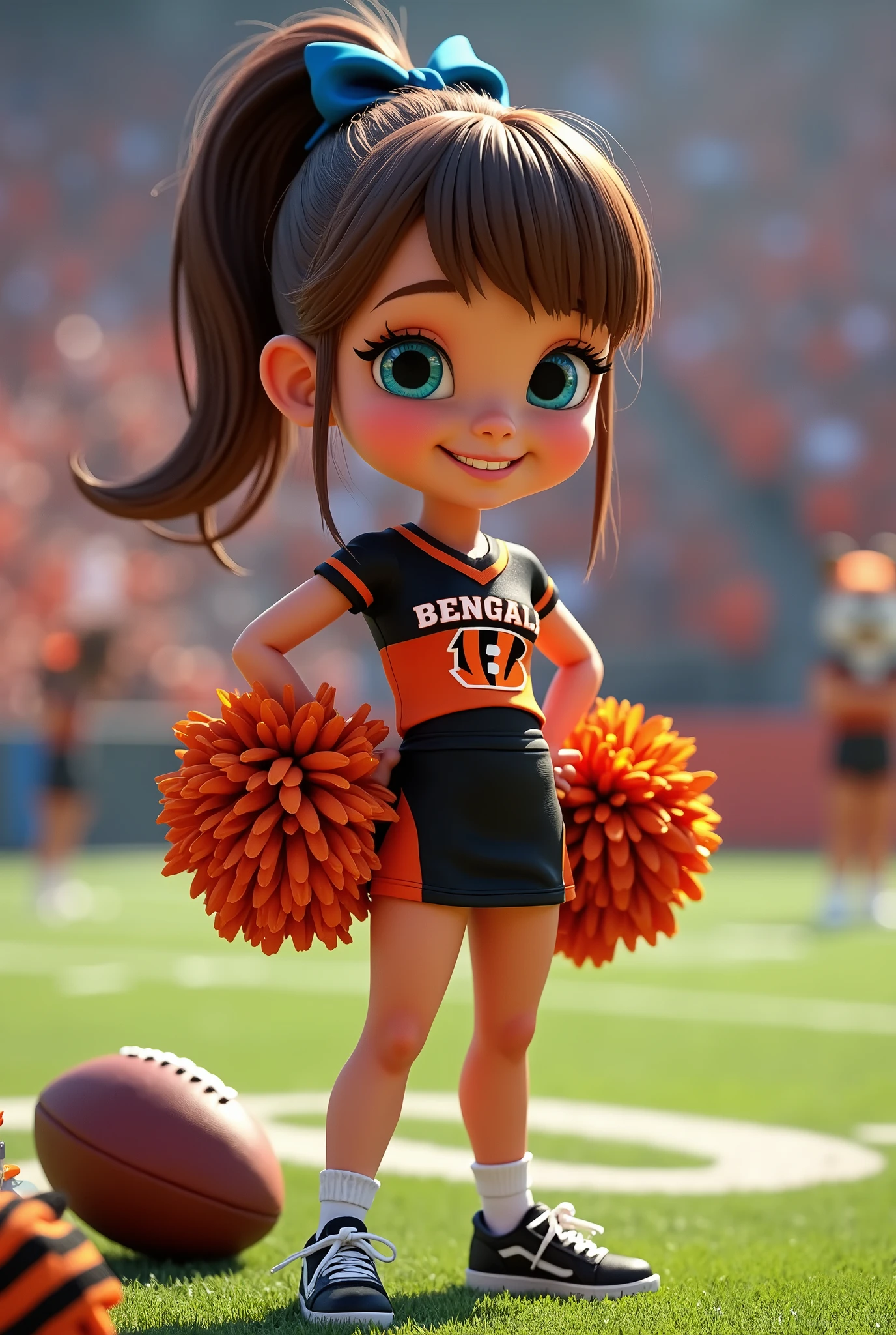 Bengals cheerleader tween
Chunky body
Brown hair, medium length in ponytail, bangs,
blue eyes
football field stadium
Black & orange one piece outfit with Bengals logo black shoes
No socks
hair bow
With tiger mascot
Smiling
Football on ground
Pompom on ground