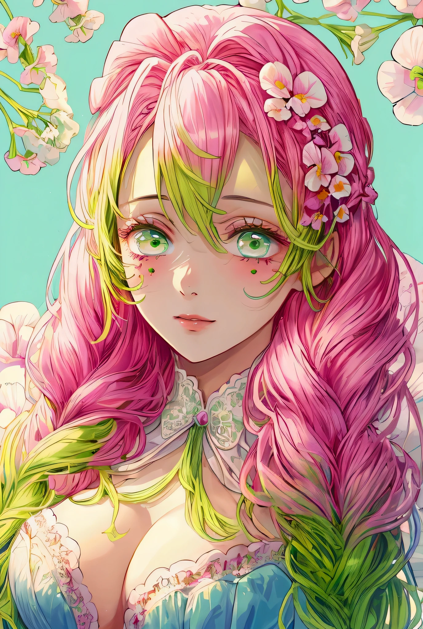 Convert your flower art into illustration.、Create backgrounds with vibrant colors and unique touches The type of flower is statice、Gypsophila、sweet pea、Mix in some lace flowers, portrait, face portrait, big breasts, cleavage, pink hair, green eyes, (green highlights), green braids,