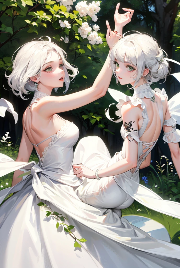 fairy wings, white hair, white dress, white eyes