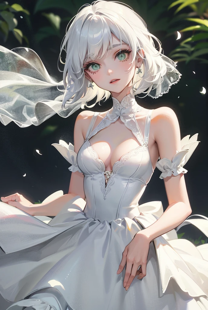 A girl with short white hair with green eyes with tattoos and wearing a wedding dress