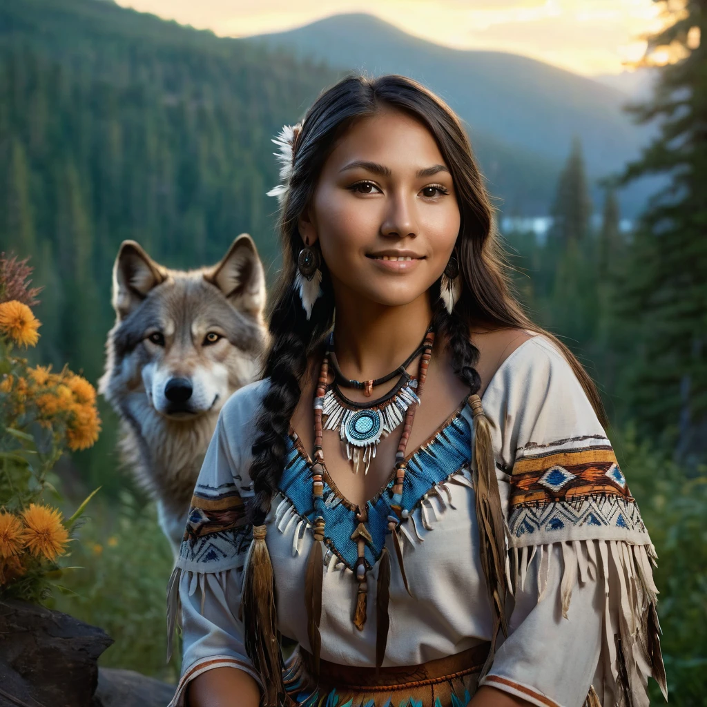 (grainy:0.5), cinematic, beautiful girl 2,native american,fantasy,(solo:1.3), detailed brown eyes, detailed face, detailed native American sexy clothing , volumetric lighting, dusk, extremely detailed background, standing next to forest, mountains, flowers, water fall, smiling, half closed eyes, tilted head, from side, sitting next to her wolf