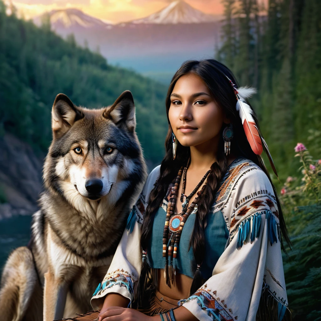 (grainy:0.5), cinematic, beautiful girl 2,native american,fantasy,(solo:1.3), detailed brown eyes, detailed face, detailed native American sexy clothing , volumetric lighting, dusk, extremely detailed background, standing next to forest, mountains, flowers, water fall, smiling, half closed eyes, tilted head, from side, sitting next to her wolf