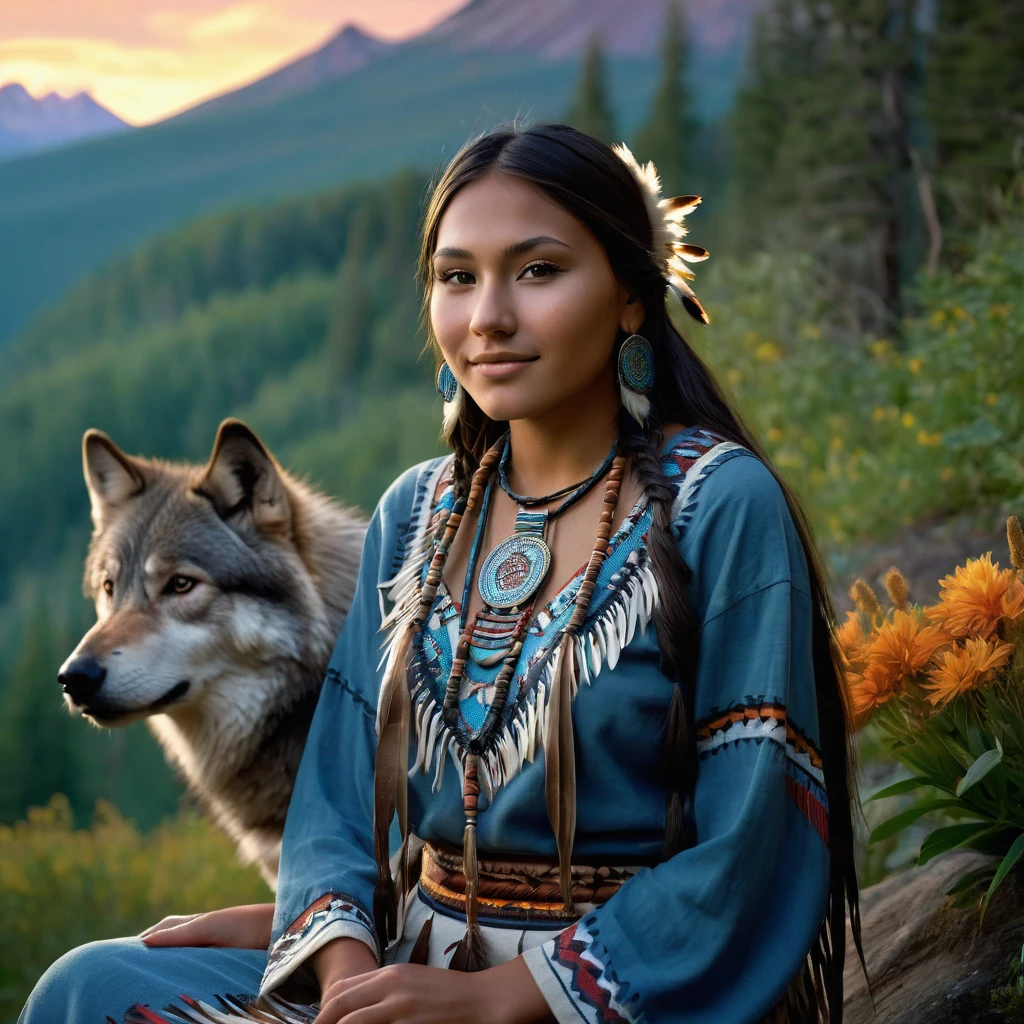 (grainy:0.5), cinematic, beautiful girl 2,native american,fantasy,(solo:1.3), detailed brown eyes, detailed face, detailed native American sexy clothing , volumetric lighting, dusk, extremely detailed background, standing next to forest, mountains, flowers, water fall, smiling, half closed eyes, tilted head, from side, sitting next to her wolf