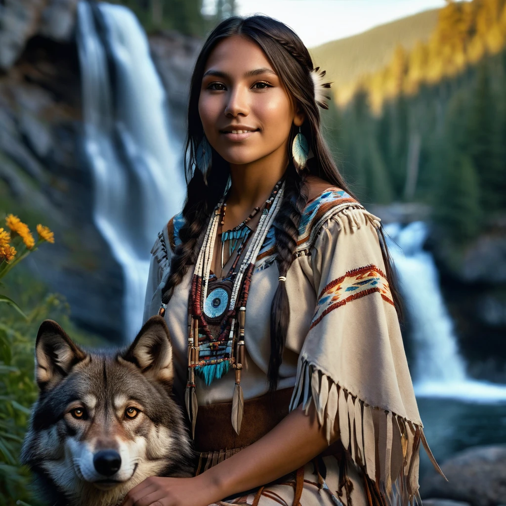 (grainy:0.5), cinematic, beautiful girl 2,native american,fantasy,(solo:1.3), detailed brown eyes, detailed face, detailed native American sexy clothing , volumetric lighting, dusk, extremely detailed background, standing next to forest, mountains, flowers, water fall, smiling, half closed eyes, tilted head, from side, sitting next to her wolf