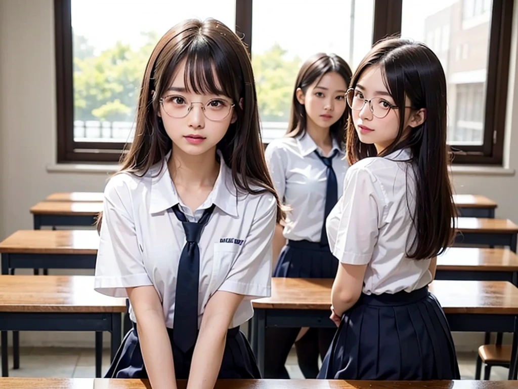 (masterpiece, Best Quality:1.2), 8K, 1 girl, 1 Japanese girl, 85 mm, Official art, Raw photo, Pretty Face, close up, face focus, cute Girl, Cinch waist, beauty thighs, soaking wet, sweat, medium breasts, student uniform, serafuku, white shirt, short sleeves, sailor collar, ribbon tie, blue checkered skirt, large round glasses, standing, in a classroom, Looking at Viewer, No makeup, (aroused, embarrassed, blush :1.2), Film grain, chromatic abberation, Sharp Focus, face lights, clear lighting, Teen, Detailed face, Bokeh background