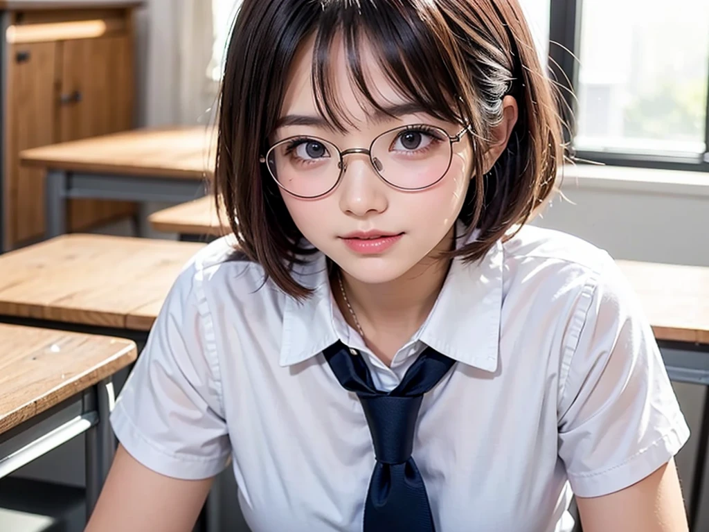 (masterpiece, Best Quality:1.2), 8K, 1 girl, 1 Japanese girl, 85 mm, Official art, Raw photo, Pretty Face, close up, face focus, cute Girl, Cinch waist, beauty thighs, soaking wet, sweat, medium breasts, student uniform, serafuku, white shirt, short sleeves, sailor collar, ribbon tie, blue checkered skirt, large round glasses, standing, in a classroom, Looking at Viewer, No makeup, (aroused, embarrassed, blush :1.2), Film grain, chromatic abberation, Sharp Focus, face lights, clear lighting, Teen, Detailed face, Bokeh background