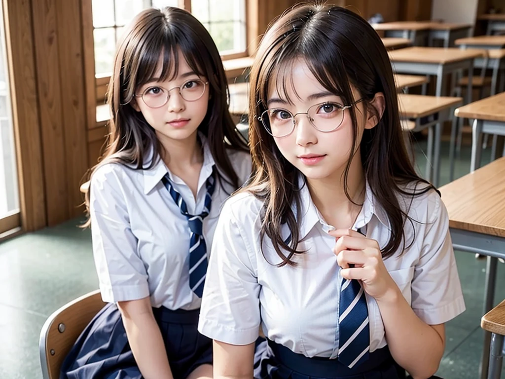 (masterpiece, Best Quality:1.2), 8K, 1 girl, 1 Japanese girl, 85 mm, Official art, Raw photo, Pretty Face, close up, face focus, cute Girl, Cinch waist, beauty thighs, soaking wet, sweat, medium breasts, student uniform, serafuku, white shirt, short sleeves, sailor collar, ribbon tie, blue checkered skirt, large round glasses, standing, in a classroom, Looking at Viewer, No makeup, (aroused, embarrassed, blush :1.2), Film grain, chromatic abberation, Sharp Focus, face lights, clear lighting, Teen, Detailed face, Bokeh background