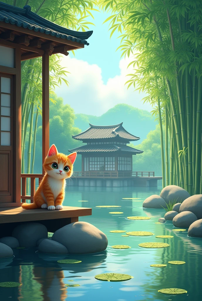 bamboo forest in the background, image of a feudal Japanese style house in front, Japanese balcony, lake with plants, sitting on the porch a tabby kitten bowing, Cheerful Face, image of the day, radiant lighting, realistic style photo, professional photograpy, 4K image