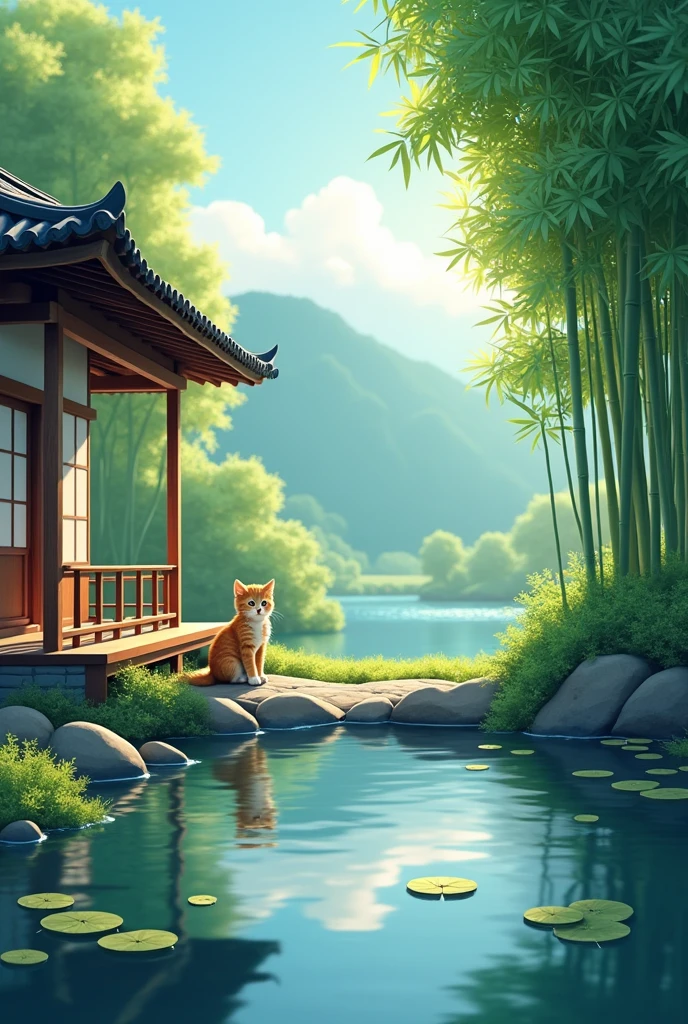 bamboo forest in the background, image of a feudal Japanese style house in front, Japanese balcony, lake with plants, sitting on the porch a tabby kitten bowing, Cheerful Face, image of the day, radiant lighting, realistic style photo, professional photograpy, 4K image