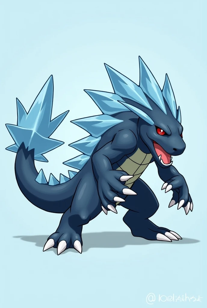 "Design the final evolution of a Water-type Pokémon/Ice inspired by an iguana. This stage should feature a big and powerful Pokémon., with sharp ice scales protruding along its back and tail. Your body should be muscular and robust., with a design that combines elements of an aquatic reptile and arctic creatures. The Pokémon has a predominant dark blue tone on its body., with light blue and ice white details on the scales that cover parts of its skin. The ice ridge along its back is larger and more pointed than in its pre-evolutions., and his eyes shine with an intense cold, Demonstrating his power and affinity with ice. His posture is aggressive, with sharp claws ready to attack, and its mouth shows large, threatening fangs. The tail is long and reinforced with ice shards that can be used as a weapon.. This Pokémon must convey a feeling of relentless cold and overwhelming strength., as if ready to defend its icy territory. The design should retain details of its previous evolutions but with a more intimidating and dominant appearance.."
**Image size:** 1024x1024