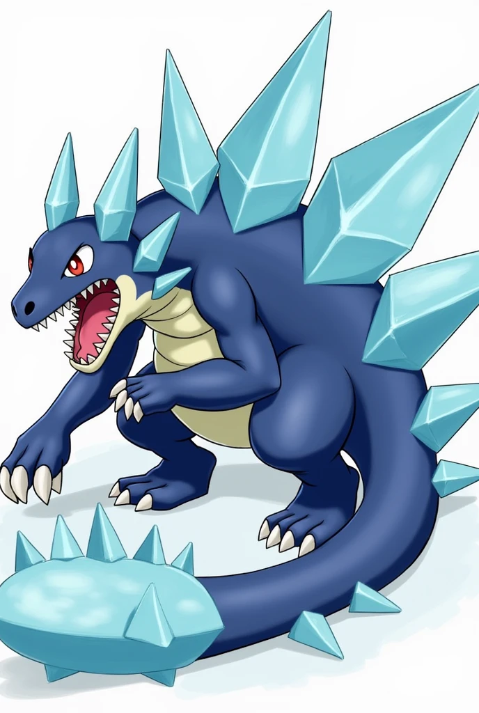 
"Design the final evolution of a Water-type Pokémon/Ice inspired by an iguana. This stage should feature a big and powerful Pokémon., with sharp ice scales protruding along its back and tail. Your body should be muscular and robust., with a design that combines elements of an aquatic reptile and arctic creatures. The Pokémon has a predominant dark blue tone on its body., with light blue and ice white details on the scales that cover parts of its skin. The ice ridge along its back is larger and more pointed than in its pre-evolutions., and his eyes shine with an intense cold, Demonstrating his power and affinity with ice. His posture is aggressive, with sharp claws ready to attack, and its mouth shows large, threatening fangs. The tail is long and reinforced with ice shards that can be used as a weapon.. This Pokémon must convey a feeling of relentless cold and overwhelming strength., as if ready to defend its icy territory. The design should retain details of its previous evolutions but with a more intimidating and dominant appearance.."

**Image size:** 1024x1024