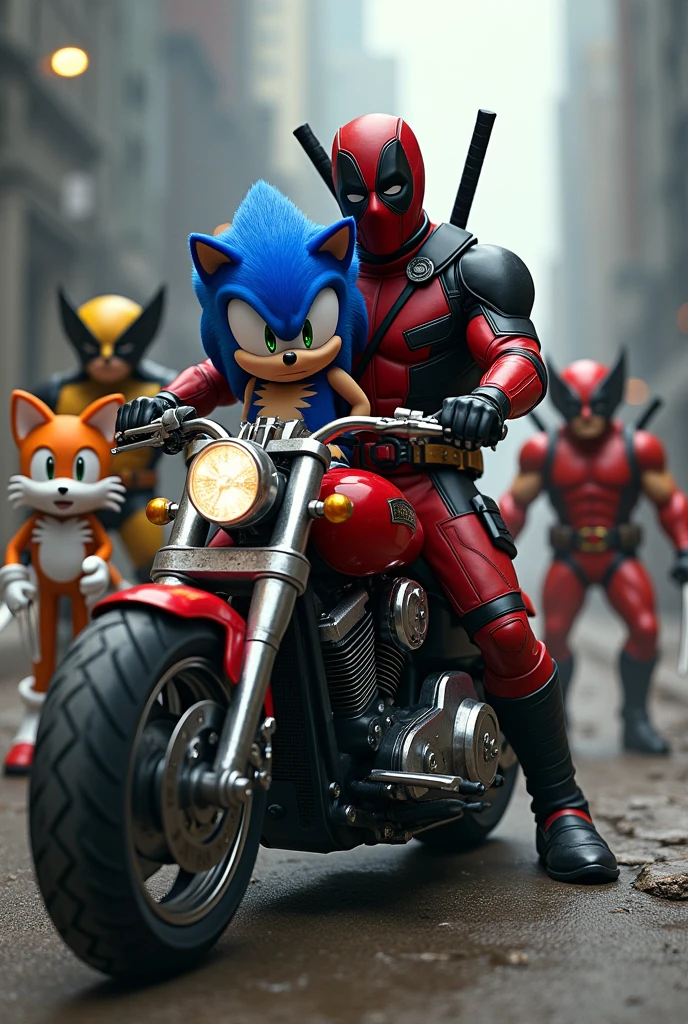Sonic com a roupa do Deadpool em uma moto vermelha com Wolverine com o tails e o knuckles