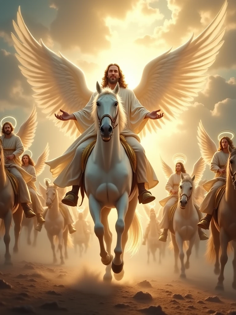 second comming of Jesus in the air with a bright white Horse and with a group of angels riding a horse realistic