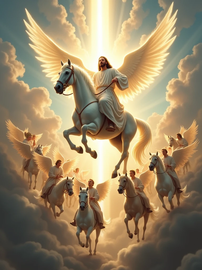 second comming of Jesus in the air with a bright white Horse and with a group of angels riding a horse realistic