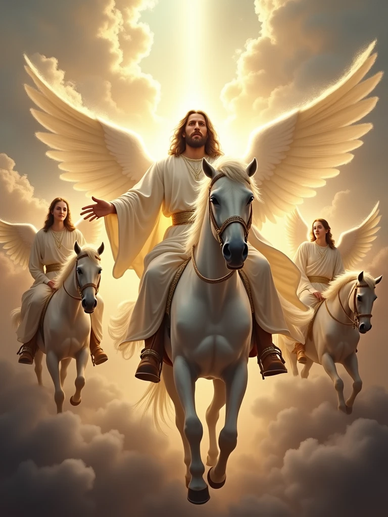 second comming of Jesus in the air with a bright white Horse and with a group of angels riding a horse realistic