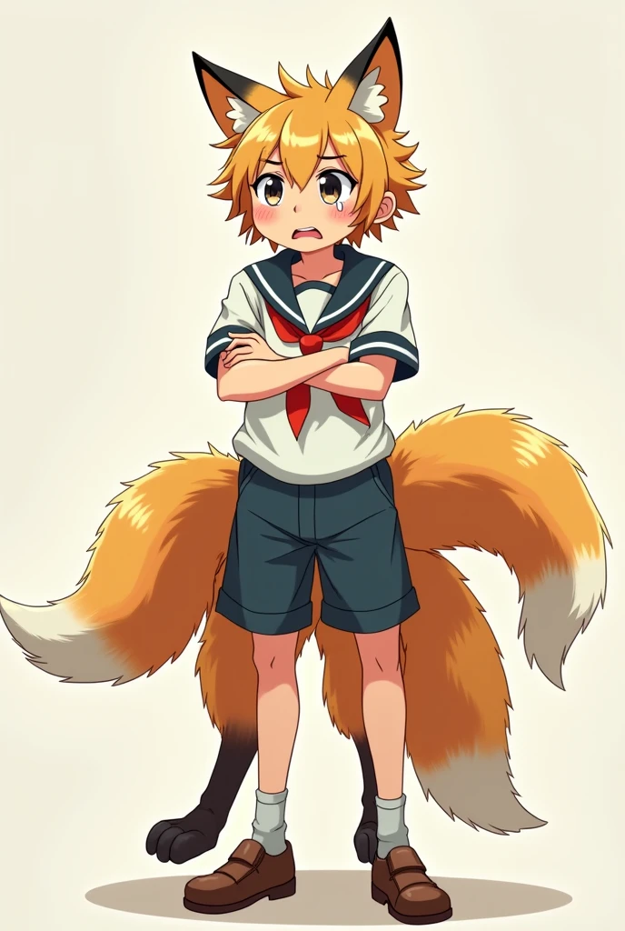 A boy's lower_body is becomed to a fox(Japanese anime style)(four legs)(three tails)(scared and crying)(student costume)(fox_taur)
