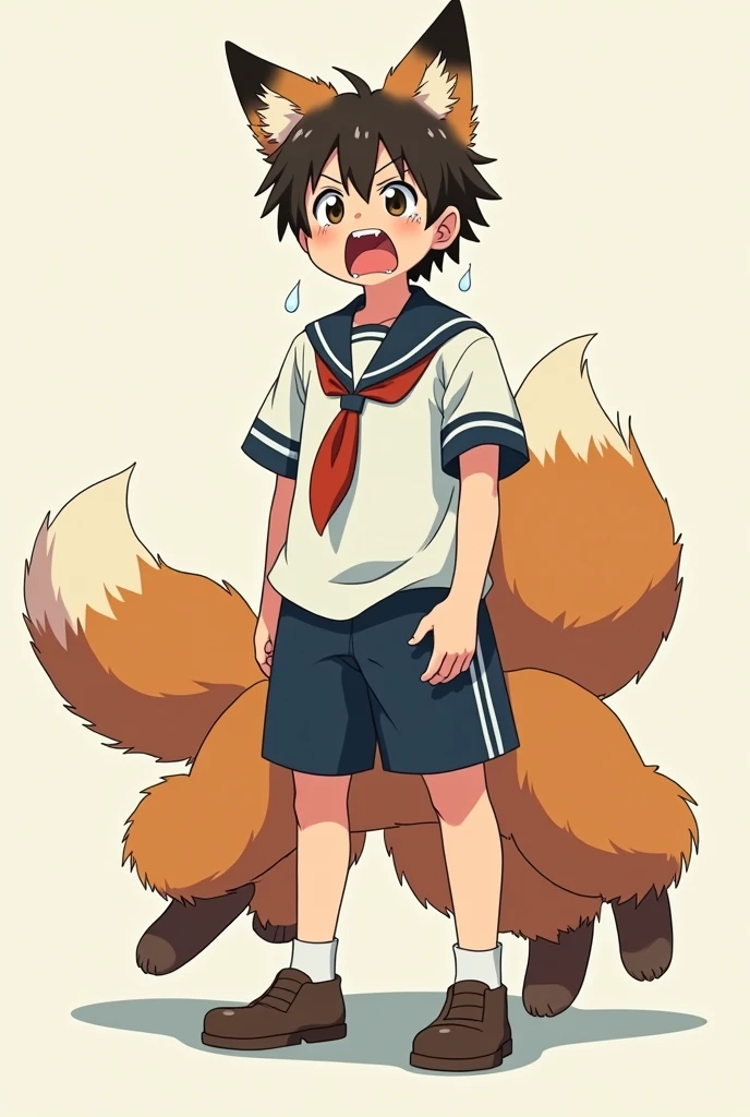 A boy's lower_body is becomed to a fox(Japanese anime style)(four legs)(three tails)(scared and crying)(student costume)(fox_taur)