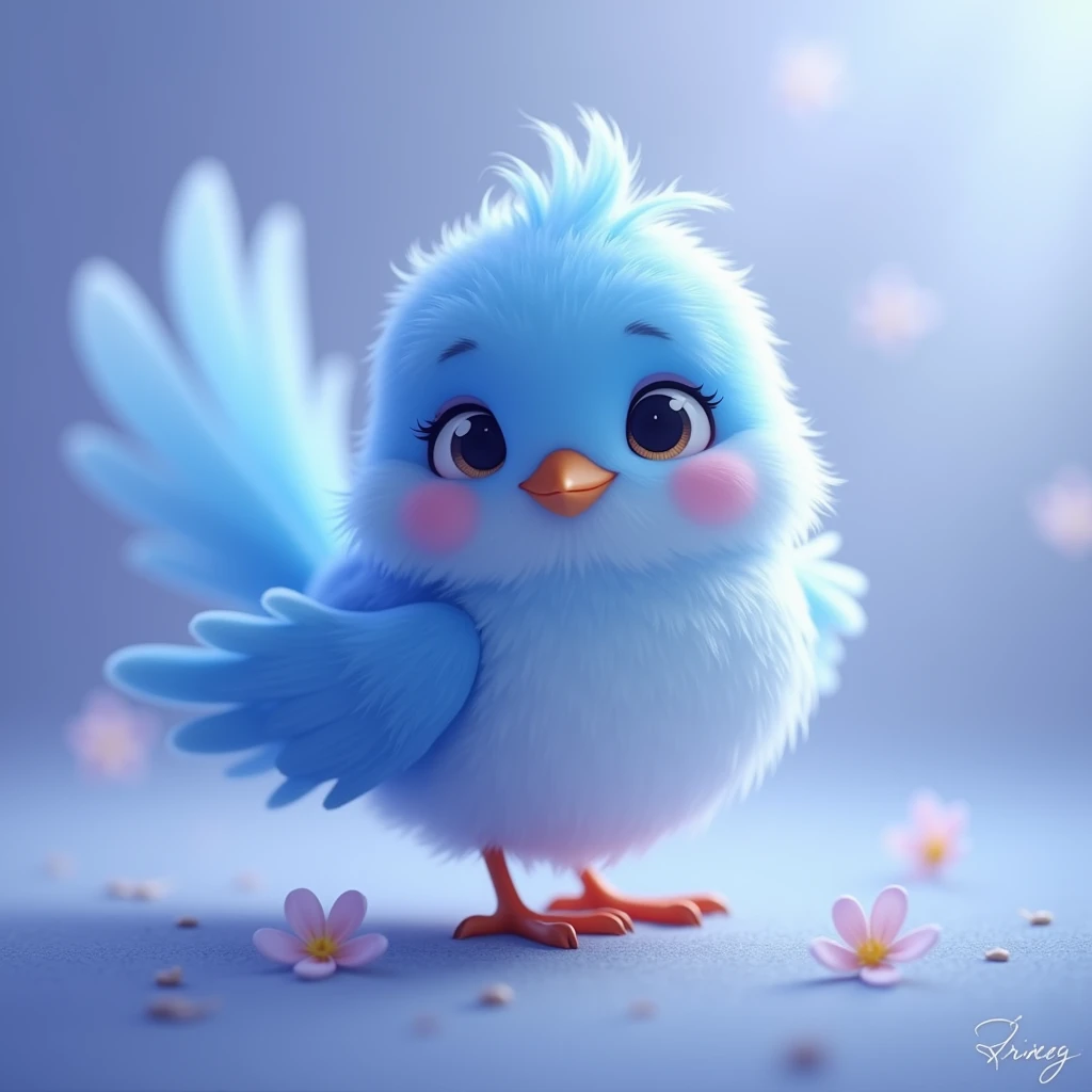 HD image, animation of a blue female bird, soft hair, cute face, Background blue violet