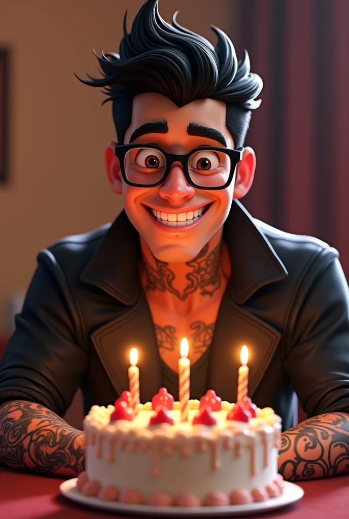 Disney Pixar style character of a Latino man with a body dressed in black clothes and a black jacket with a flirtatious masculine face and cheerful black hair combed to the side with black glasses, tattooed arms blowing a birthday cake
