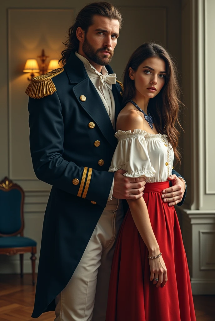 in the hyperrealistic genre. Jack Aubrey, Tall and strong captain, wide shoulders, Powerful muscles, in the uniform of a 19th century naval captain, rubio, her hair is tied in a ponytail, The hair curls at the ends., age 38 years, clean shaven face, good-humored face, with expressive features, blue eyes, height 183 cm. Aila is a short girl, height 157 cm, straight, dark hair, long to the hips, bob haircut, There are no bangs, grey eyes, mole under the eye, thin lips. small breasts, Wide hips, Thin waist, Jack Aubrey's height. She is wearing a white and red dress., Sapphire necklace, modern sneakers. They are with Jack in charge.., Jack Aubrey hugs his waist. Drawing the full face. He is looking into the distance. Draw your hands correctly. your eyes correctly too. realistically. Wing of the 21st century, and Jack of nineteen. Jack has a beardless face... HYPERREALIST REALISTIC 4K