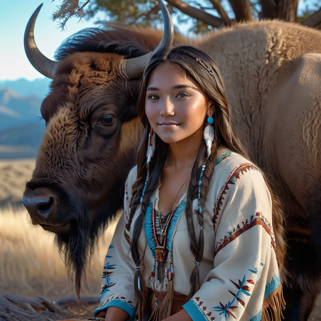 (grainy:0.5), cinematic, beautiful girl 2 native american,fantasy,(solo:1.3), detailed eyes, detailed face, detailed native american sexy clothing, volumetric lighting, dusk, extremely detailed background, standing next to tree and mountain, smiling, half closed brown eyes, tilted head, from side, sitting next to her American Bison