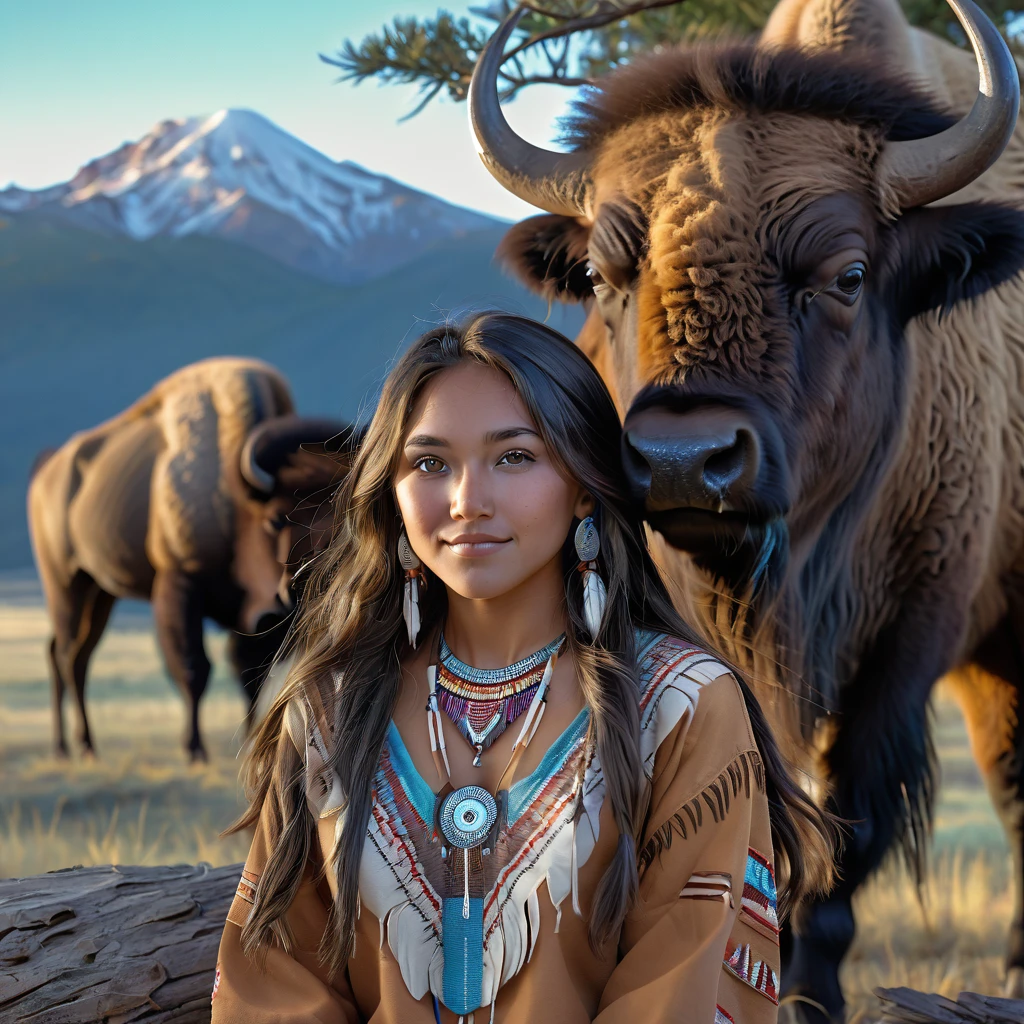 (grainy:0.5), cinematic, beautiful girl 2 native american,fantasy,(solo:1.3), detailed eyes, detailed face, detailed native american sexy clothing, volumetric lighting, dusk, extremely detailed background, standing next to tree and mountain, smiling, half closed brown eyes, tilted head, from side, sitting next to her American Bison