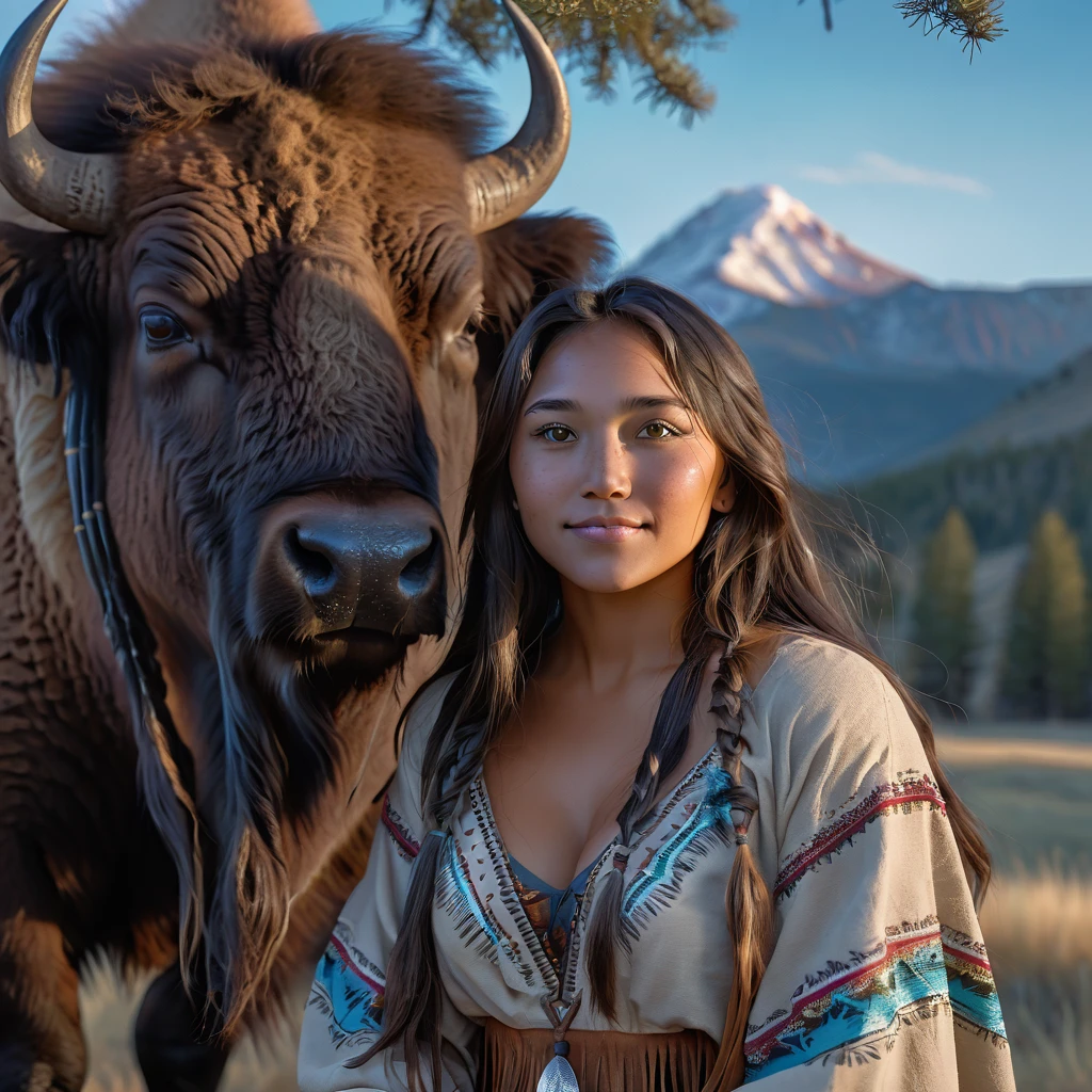 (grainy:0.5), cinematic, beautiful girls 25 year old native american,fantasy,(solo:1.3), detailed eyes, detailed face, detailed native american sexy clothing, volumetric lighting, dusk, extremely detailed background, standing next to tree and mountain, smiling, half closed brown eyes, tilted head, from side, sitting next to her American Bison