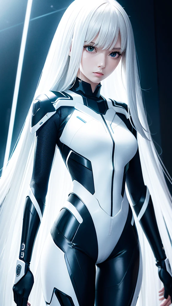 1 girl, android Kara, fully body, almost human appearance, smooth, pale metallic skin, futuristic fitted suit with illuminated LED panels and sophisticated technological details. Long flowing hair in a modern and elegant style. Contemplative pose touching the face. Futuristic environment with subtle technological elements. (semi-realistic, stylised, ultra-detailed detail, bright coloured, studio lighting, sharp focus, conceptual artwork).
