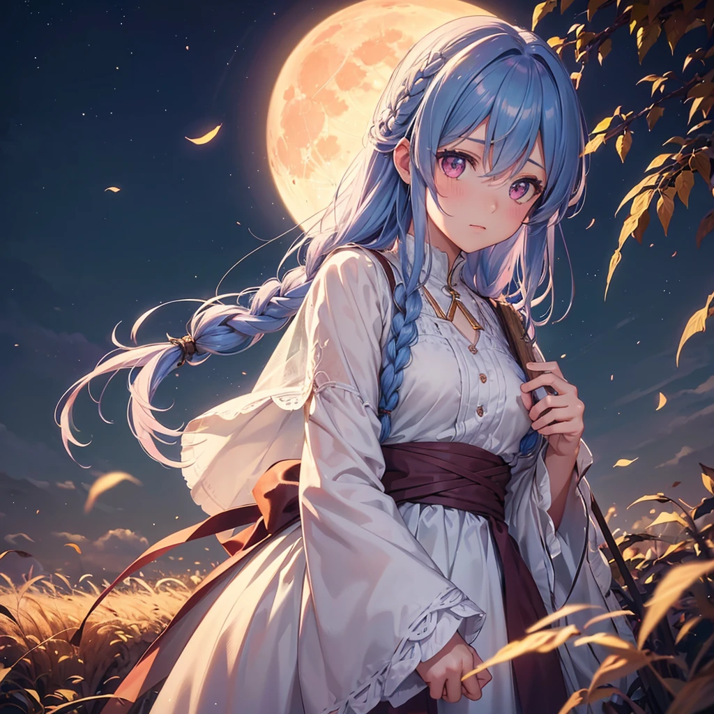 (このBraiding hair),(Sky blue medium hair), (Pink eyes),(Fair skin) ,(whole body),(One Girl),(harvest moon),(A large amount of Miscanthus sinensis in the background),autumn,(full moon),(masterpiece, Highest quality, Very detailed, Best Shadow), (Detailed Background), (Beautifully detailed face), High Contrast, (Best lighting, Very delicate and beautiful), ((Cinematic Light)), Hyper Detail,8k, Dramatic Light, Intricate details,Autumn leaf viewing,