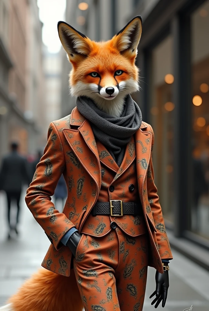 Realistic fox wearing clothes with Stefany Designer print