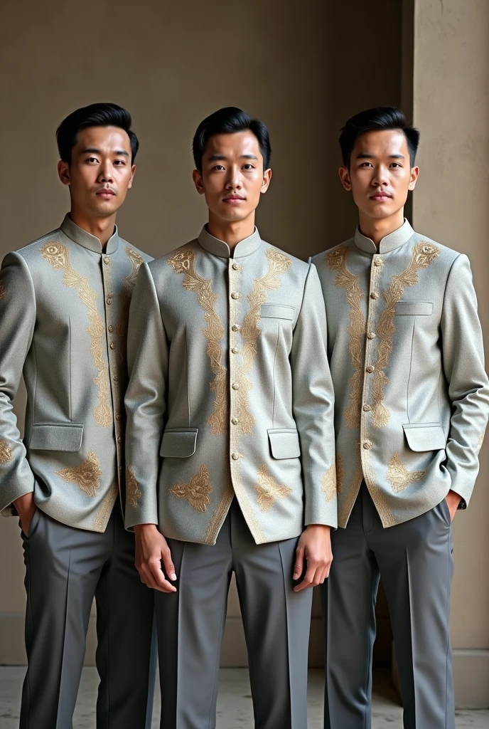 Men wear light gray short songket coats and gray slacks