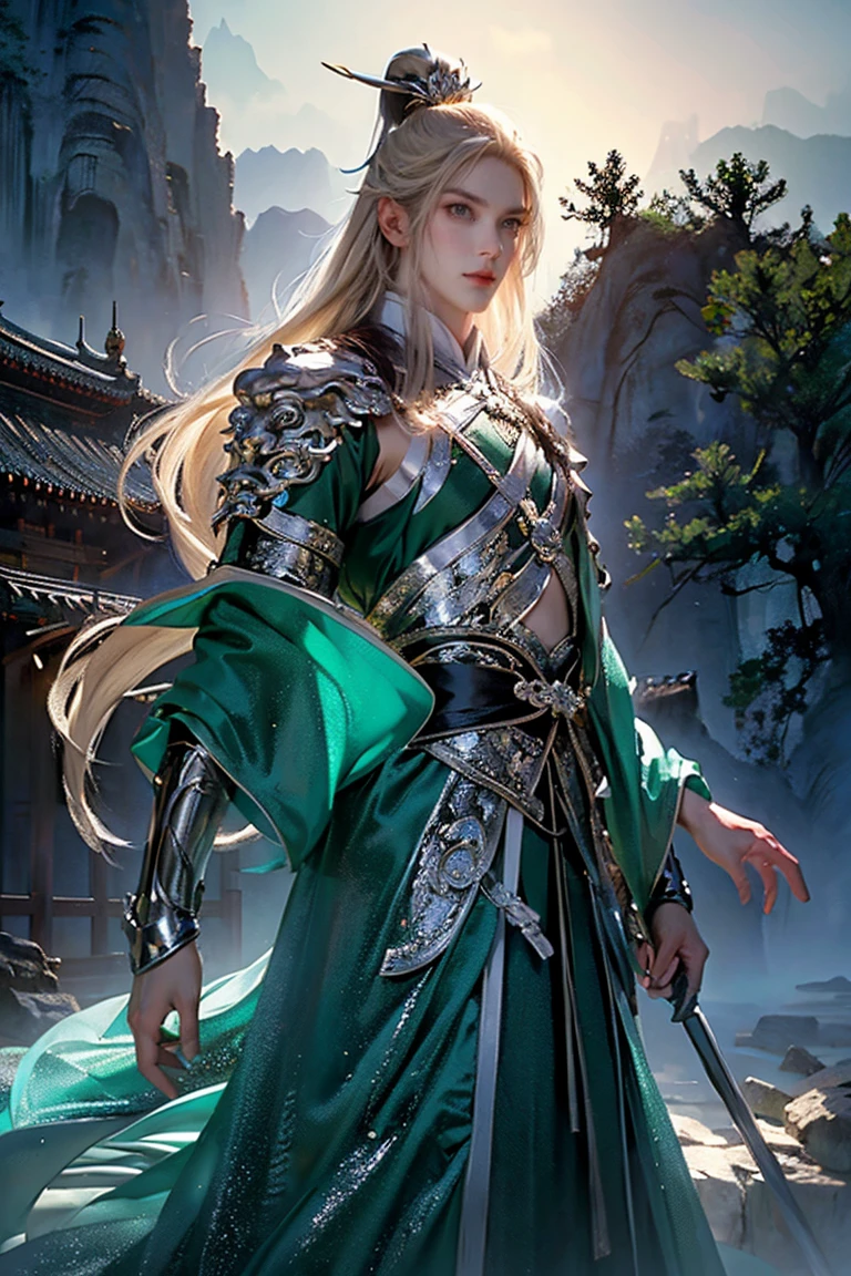 a man with blond hair and blue eyes wearing traditional Chinese clothing, traditional clothing from the Tang dynasty, emerald and silver tones, bringing power and peace to the image, symbol of a dragon on the pieto (best quality, 4k, 8k, high resolution, art - prime: 1.2), ultra detailed, (realistic, photorealistic, photorealistic: 1.37), extremely detailed eyes and face, long eyelashes, intricate armor details, traditional Chinese robes, flowing hair, emerald and silver color palette, expression powerful and serene, dramatic lighting, cinematic composition, award-winning digital art
