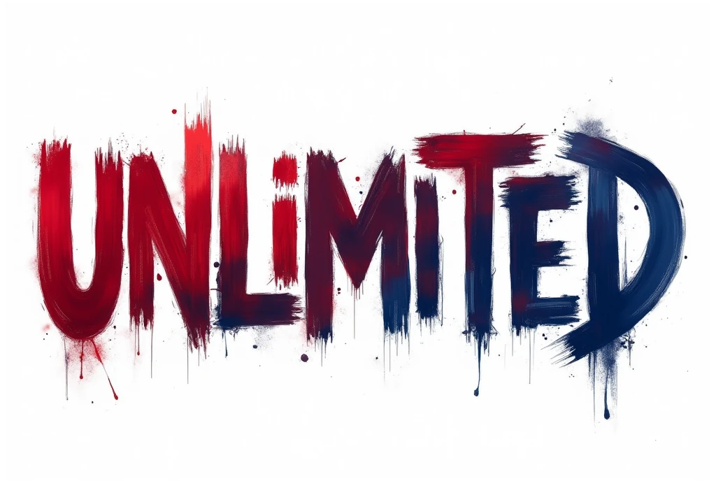 irregular red-blue inscription "unlimited", creative ,capital letters, a very irregular painting with a ragged brush, blurred edges from fingers, the colors blend into each other, irregularity, irregular edges, on a white background, the texture from the brush can be seen in the text