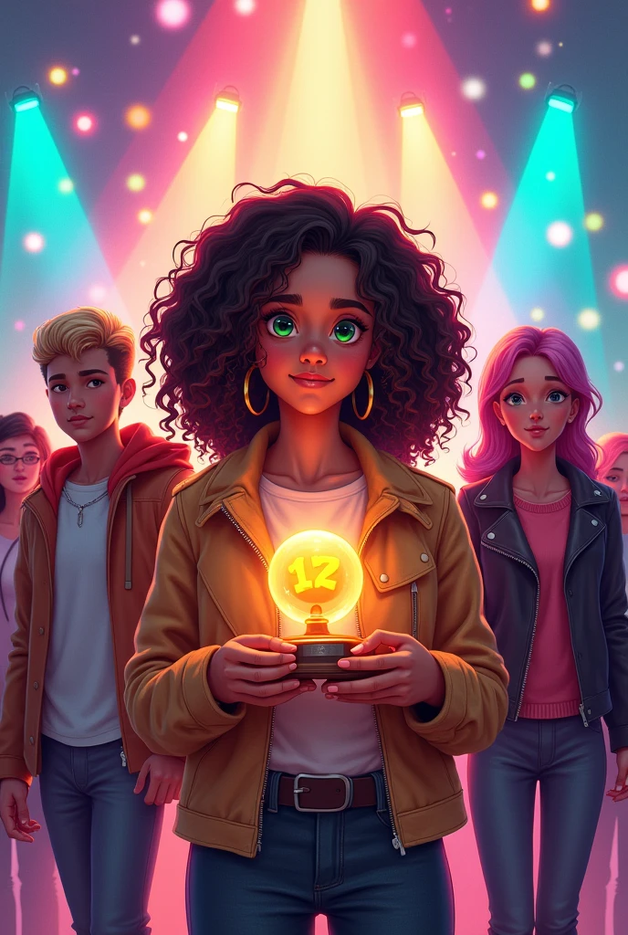 Book cover for: " Briller sans peur" by Sombi Niaina J. Featuring: a beautiful -old girlth green eyes and curly hair shining under spotlights, holding a prize. beside her is her 13 years-ol, also vebeautiful. A handsome 16 years-old boy with ir, a 16 rs-old girl with pink hair a leathercket, and another girl with short hair and cool style. In the background, a popular girl looking jealous. The scene should be colorful, with a celebratory atmosphere, showcasing the central caracter's succes