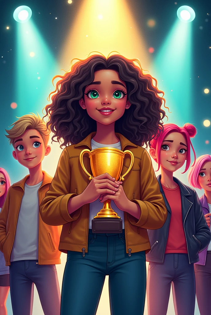 Book cover for: " Briller sans peur" by Sombi Niaina J. Featuring: a beautiful -old girlth green eyes and curly hair shining under spotlights, holding a prize. beside her is her 13 years-ol, also vebeautiful. A handsome 16 years-old boy with ir, a 16 rs-old girl with pink hair a leathercket, and another girl with short hair and cool style. In the background, a popular girl looking jealous. The scene should be colorful, with a celebratory atmosphere, showcasing the central caracter's succes