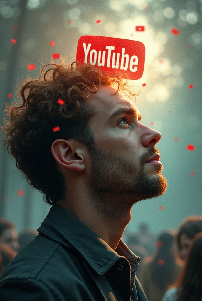 A white man with brown fluffy hair looking at his dreams seeing in the back of his head that YouTube symbol, with millions of followers surrounding him