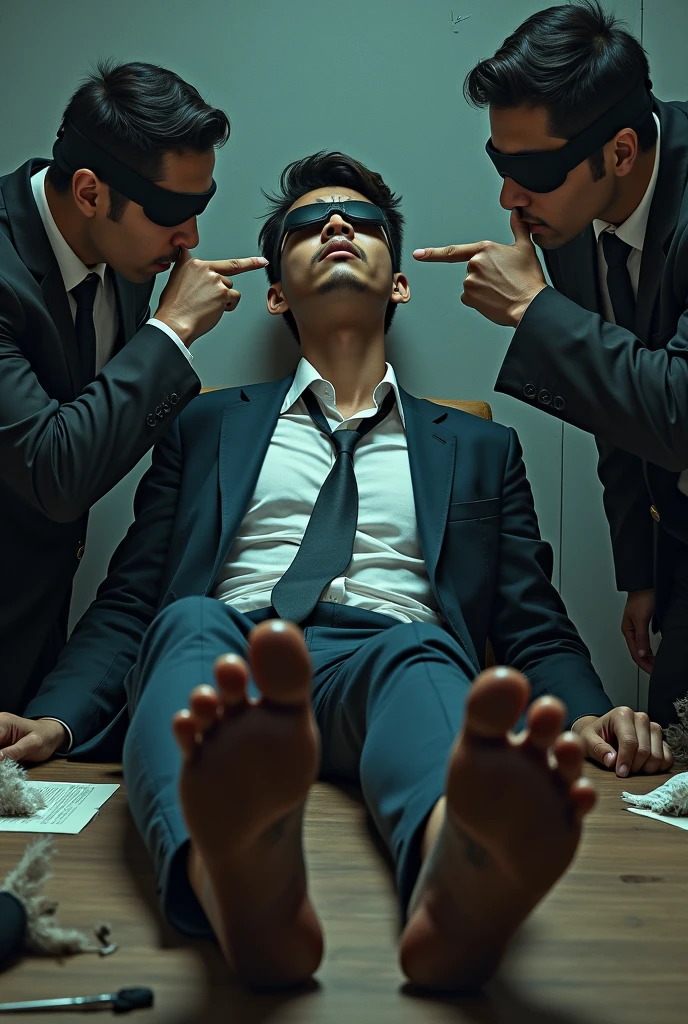 Malaysia malay handsome 25 years student
He fainted
His hand handcuff in abondon warehouse
Blindfolded
handcuff
Formal Outfit
Focus sweaty hot feet on desk
feather duster on desk
Dirty Blacksock on desk
2 mafia pinch nose
His feet smell