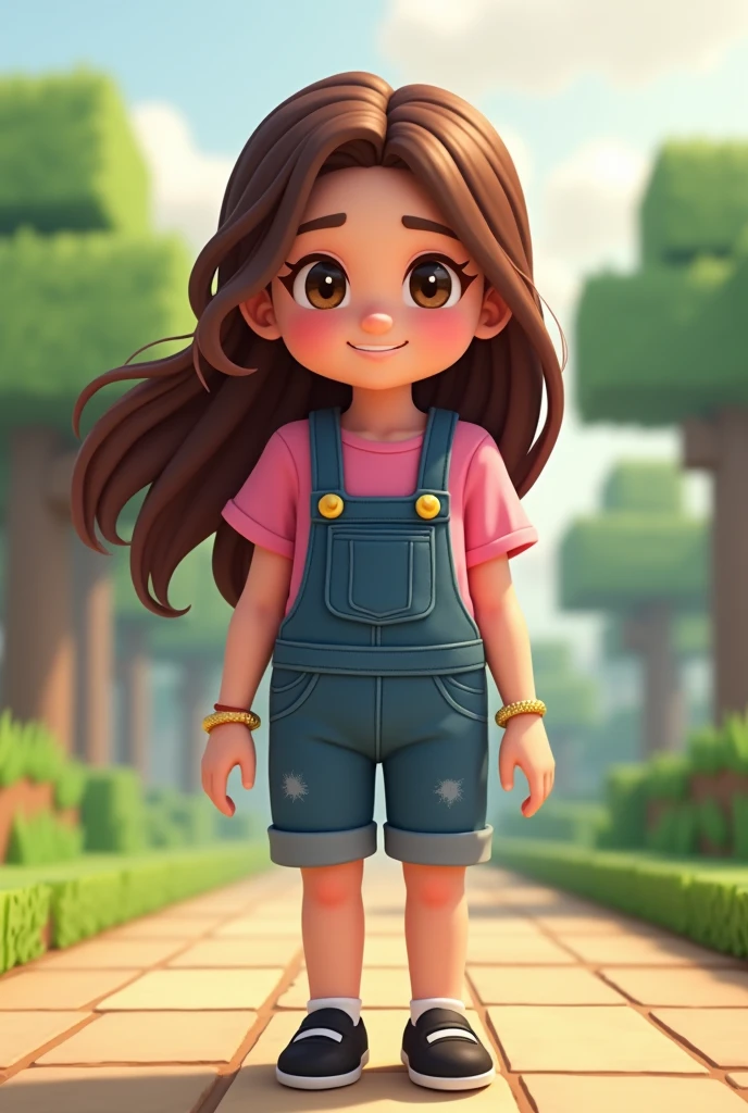 I wanted a Minecraft girl with brown hair, brown eyes, pink blouse, denim overalls, black shoes, small shoes, a gold bracelet, loose hair, white and with some yellow buttons, make it look like a smiling cartoon, come here and make it look square like Minecraft