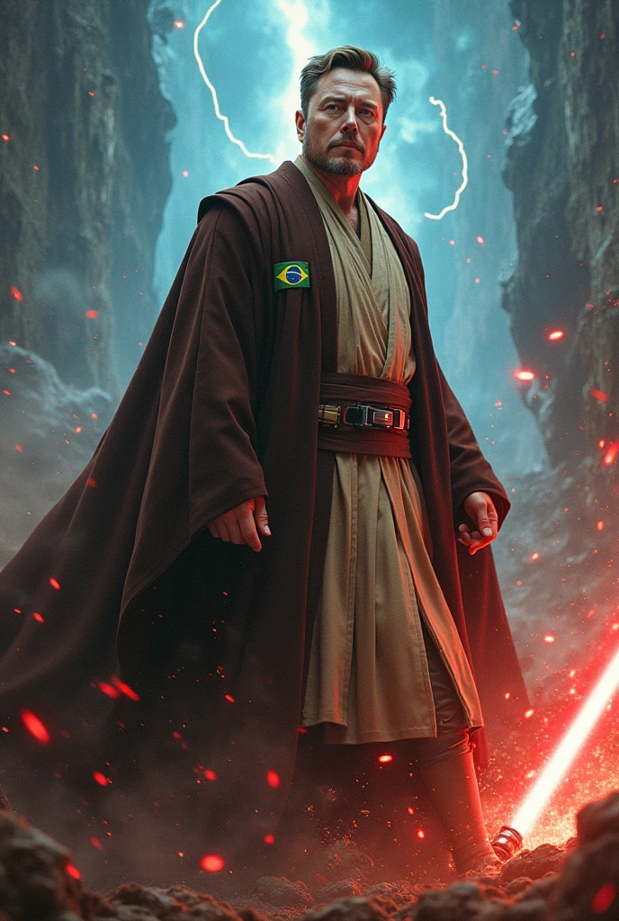Image with Elon Musk's Star Wars Obi outfit with Brazil patch pushing Voldemort in a battle