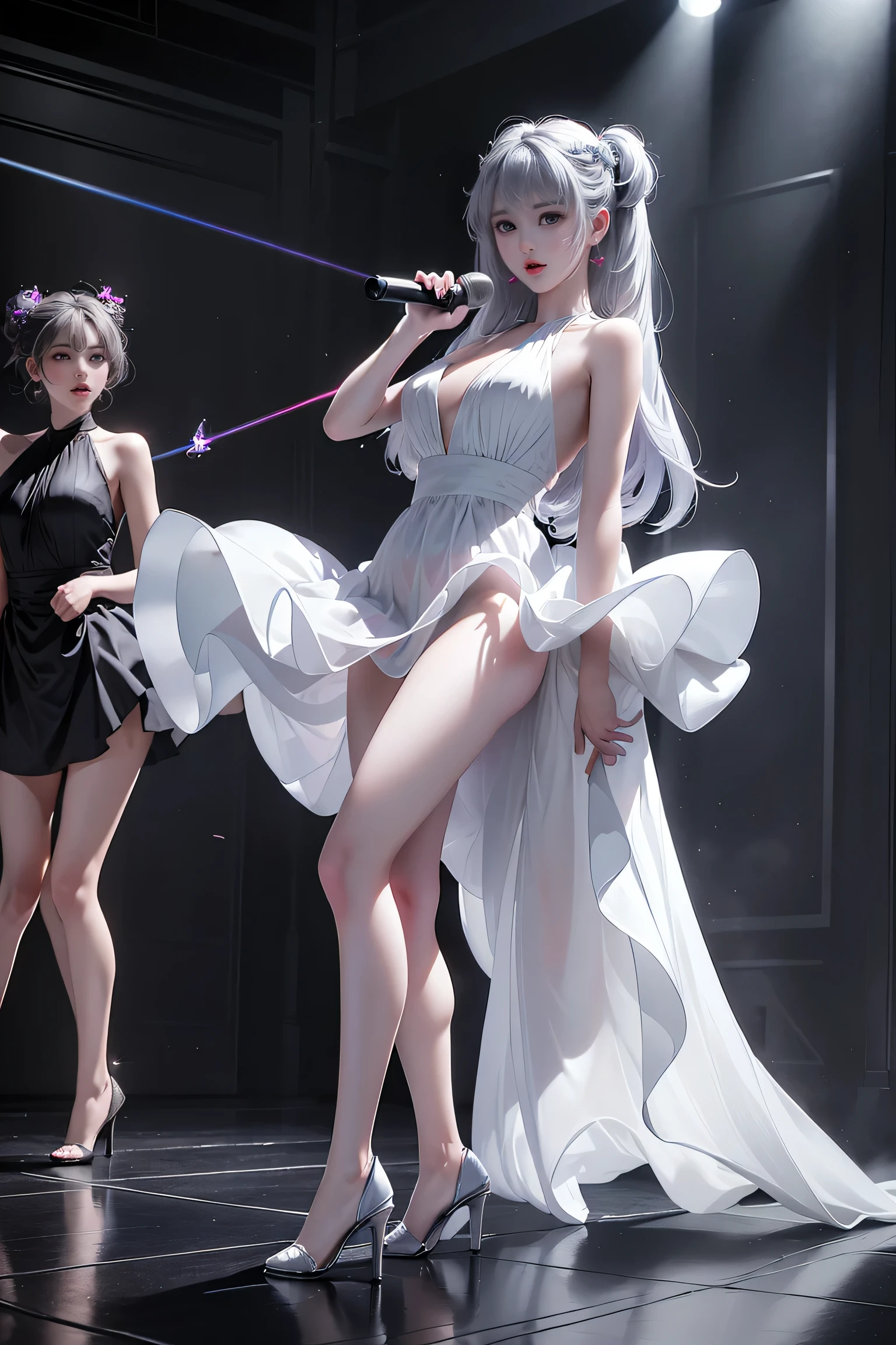 ((A trio of girls standing on the stage in the main hall))、(Rear view)、(look back),蛍光Farbe、((3People Girls)),Look to the side、Beautiful Face、Beautiful Eyes、(Big Blue Eyes)、(Silver dull hair)、Shiny Hair、Glowing Skin、Reduce glare、Finger Proportion Adjustment、Escrow、Bat View、(Dancing()、Dynamic Angle、(Master Parts)、(Highest quality)、(Ultra detail)、(An Illustration)、(Detailed light)、(Very delicate and beautiful)、Dramatic Shadows、Ray Tracing、reflection、Ultra high resolution、(Master Parts)、(Highest quality)、(ultra HD)。High resolution、((Colorful hair and mesh))、Her hair flutters in the wind、(大きな深い青Farbeの目)、Silver Hair、haired woman、Sparkling Butterfly、Sparkling Butterfly、黒haired woman、Points of light around the woman、Magical Aura、緑Farbeの点、The nature of the aura、Magical Aura黒haired woman、((Translucent white one-shoulder dress:1. 3)、(Sleeveless)、(The skirt flutters in the wind)、(Searchlight)((Farbe々Laser beam))、(I can see her white panties)(Full Body Shot)、(Lower body slim),(Long legs)、(High heels)、holding a microphone in one hand、