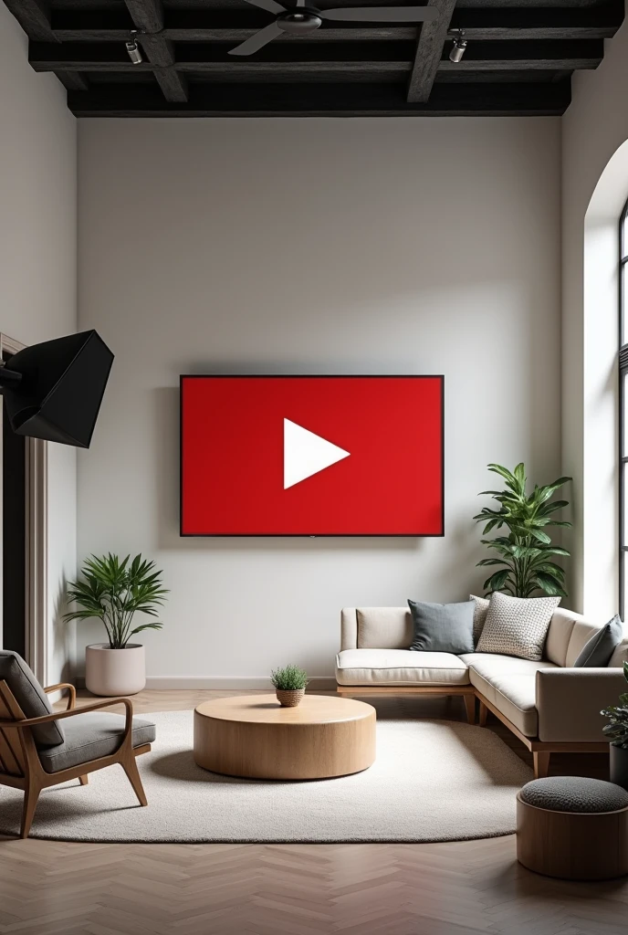A modern and classic studio with YouTube play button on the wall and a flat screen.