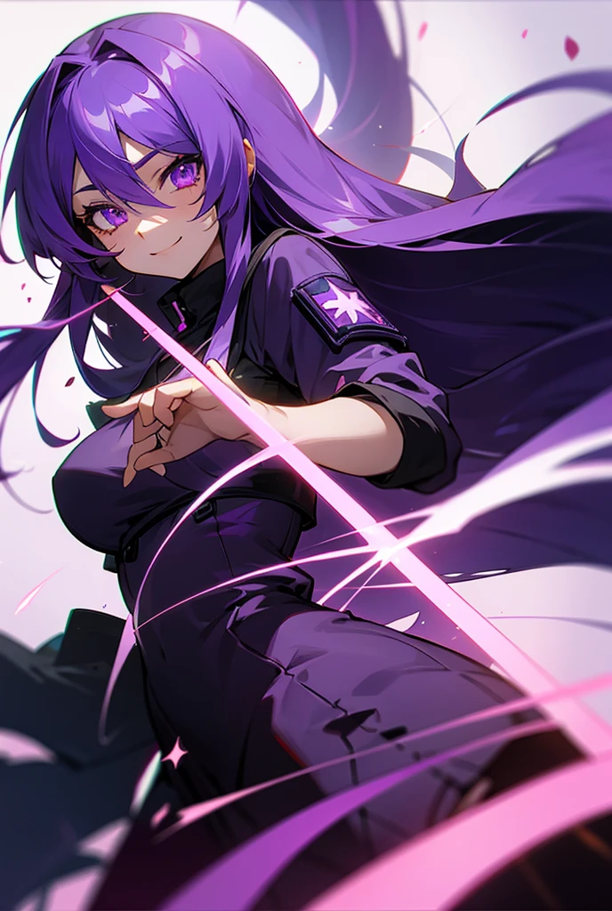 Long Hair, Hair Between Eyes, purple hair,
Purple Eyes, anime girl,gun,Sparkle, Glowing Light, Anime, HD, psychopath,smile