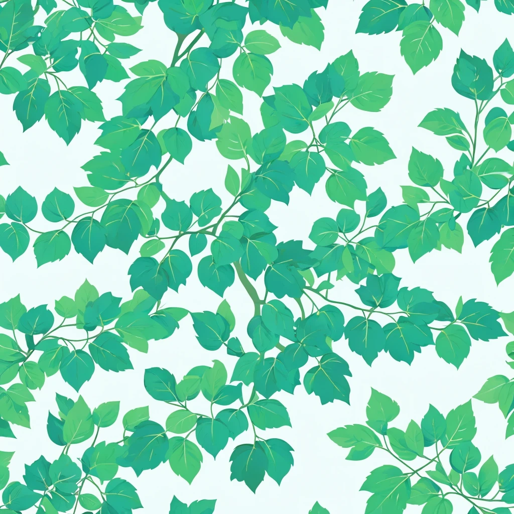 Green tree leaves. White background with sky blue spots, pattern