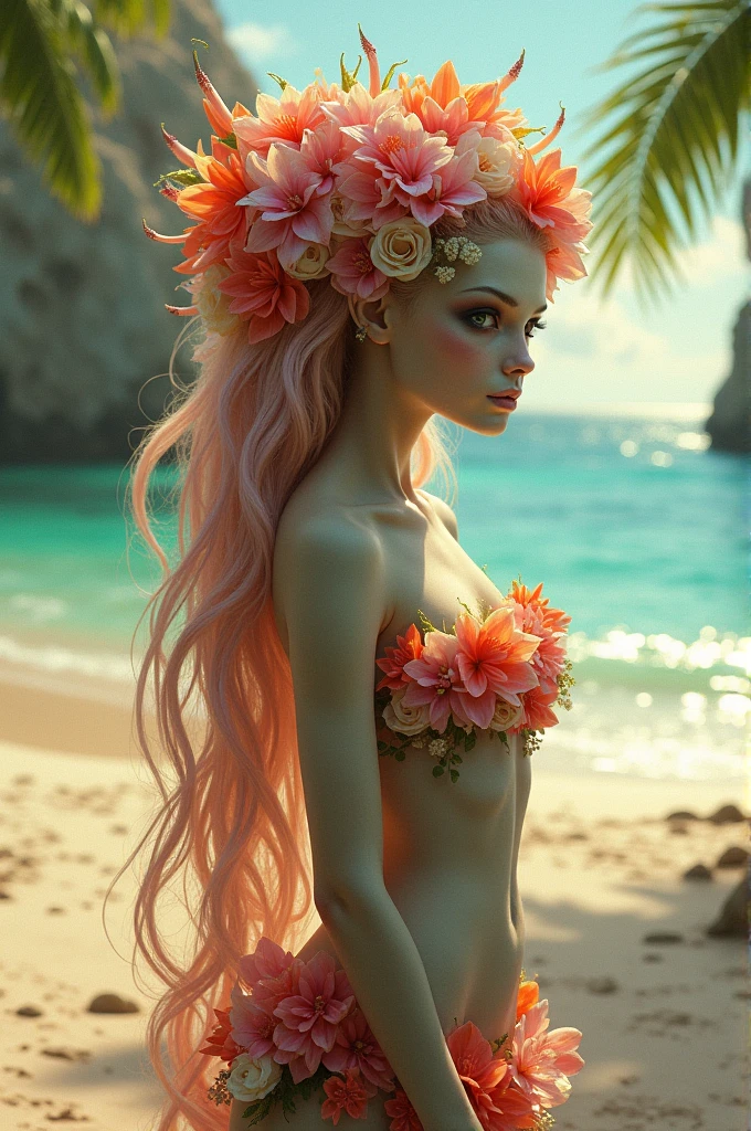 a short, female monster with a beachy style and her long hair is made of flowers and her clothes are also made of flowers.
has no human features