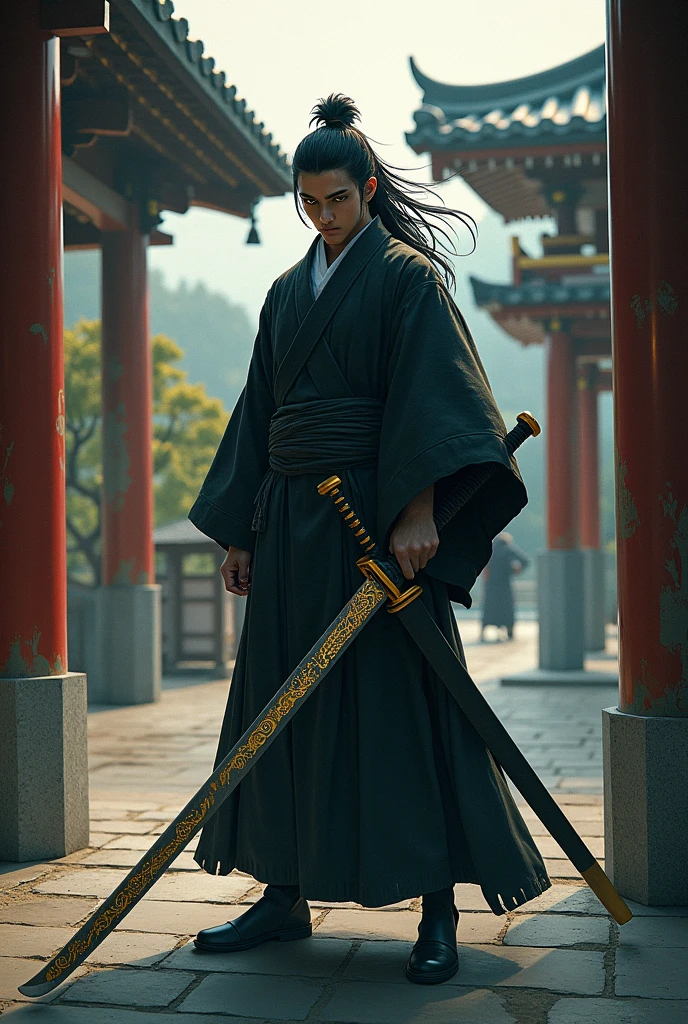 work of art, best qualityer, high resolution, muramasa, Japanese traditional shrine,  standing alone, bonitas, yellow  eyes,