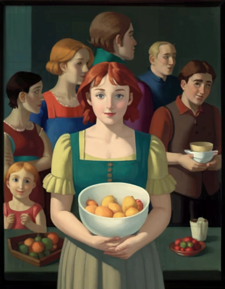 a painting of a woman holding a bowl of fruit in front of a group of people, inspired by George Tooker, inspired by Grant Wood, by George Tooker, inspired by Jens Ferdinand Willumsen, inspired by Stevan Dohanos, inspired by Mark Gertler, the potatoes eaters, ( ( ( grant wood ) ) )