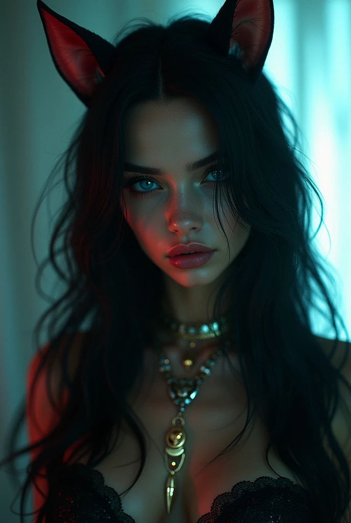 a dangerous AI-powered femme fatale with long flowing black hair, striking blue eyes, and sensual animal-like features, staring intently at the viewer with an air of seductive menace, wearing ornate jewelry and backlit by an impressionistic glow, masterfully rendered in ultra-detailed 8K resolution with hyper-realistic textures and lighting