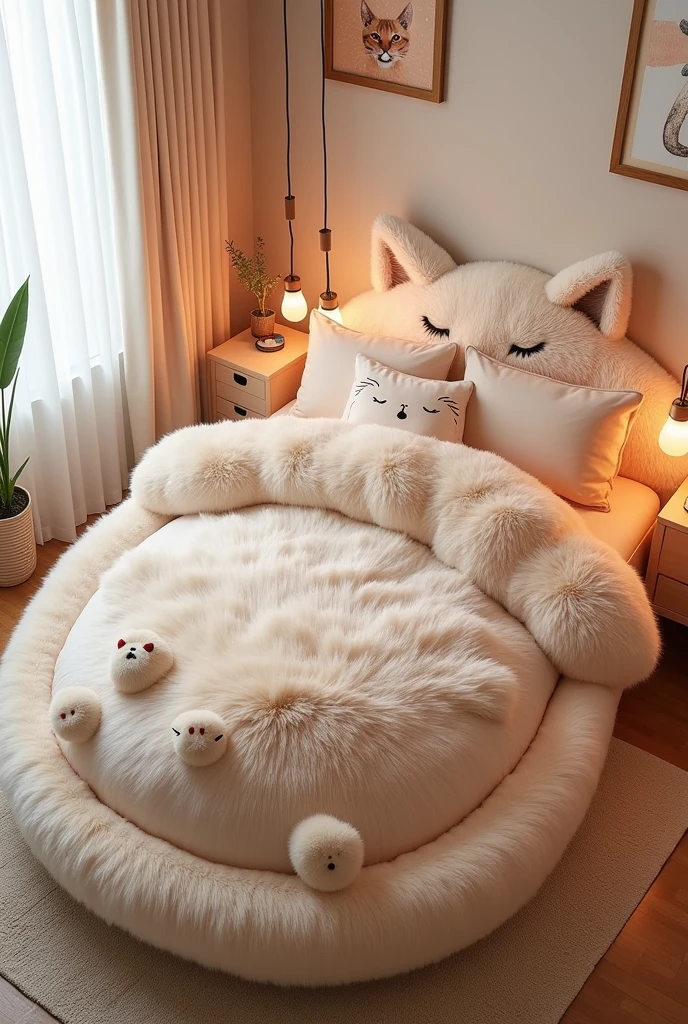 "Create a whimsical bed shaped like a large, curled-up cat, perfect for cat lovers. The bed should be fully covered in soft, fluffy fur fabric, with a realistic cat design that includes a headboard shaped like a sleeping cat’s head, complete with embroidered eyes, nose, and ears. The bed frame should follow the contours of the cat’s curled body, with the tail forming a graceful curve around the bed. The bedding should be soft and luxurious, featuring fur-like materials and perhaps a few accent pillows shaped like cat toys or paws. The bedroom should have a whimsical atmosphere, with cat-themed artwork on the walls, a fluffy rug, and a color palette that includes warm pastels or soft neutrals to enhance the cozy, cat-like environment."