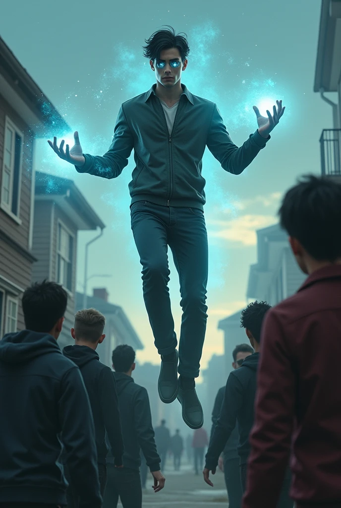 I want you to create a character around 20 years old with psychic powers.. He is white with black hair and not so strong blue eyes. Levitating above a house he can mentally control several people around him