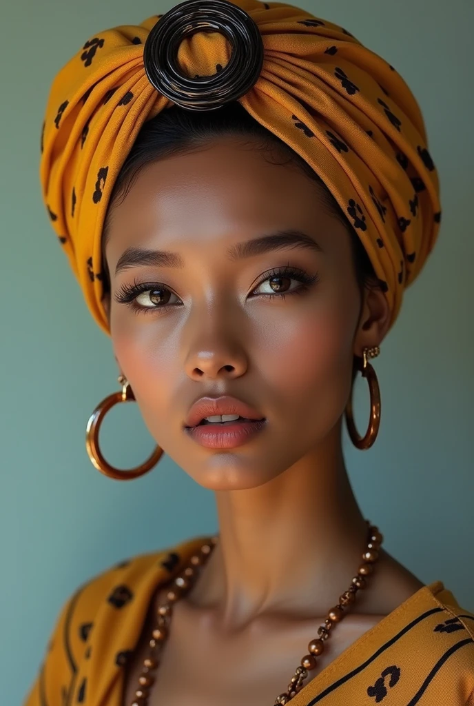 Woman with a fabric headband with a plastic hoop accessory in the middle, with earrings and hoop necklace.